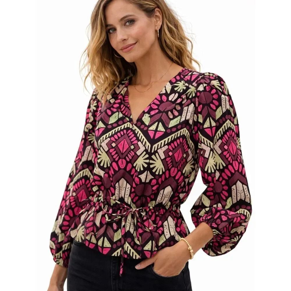 NWT Elizabeth and James Boho Peplum Blouse Geometric Tie Waste Anthro Style